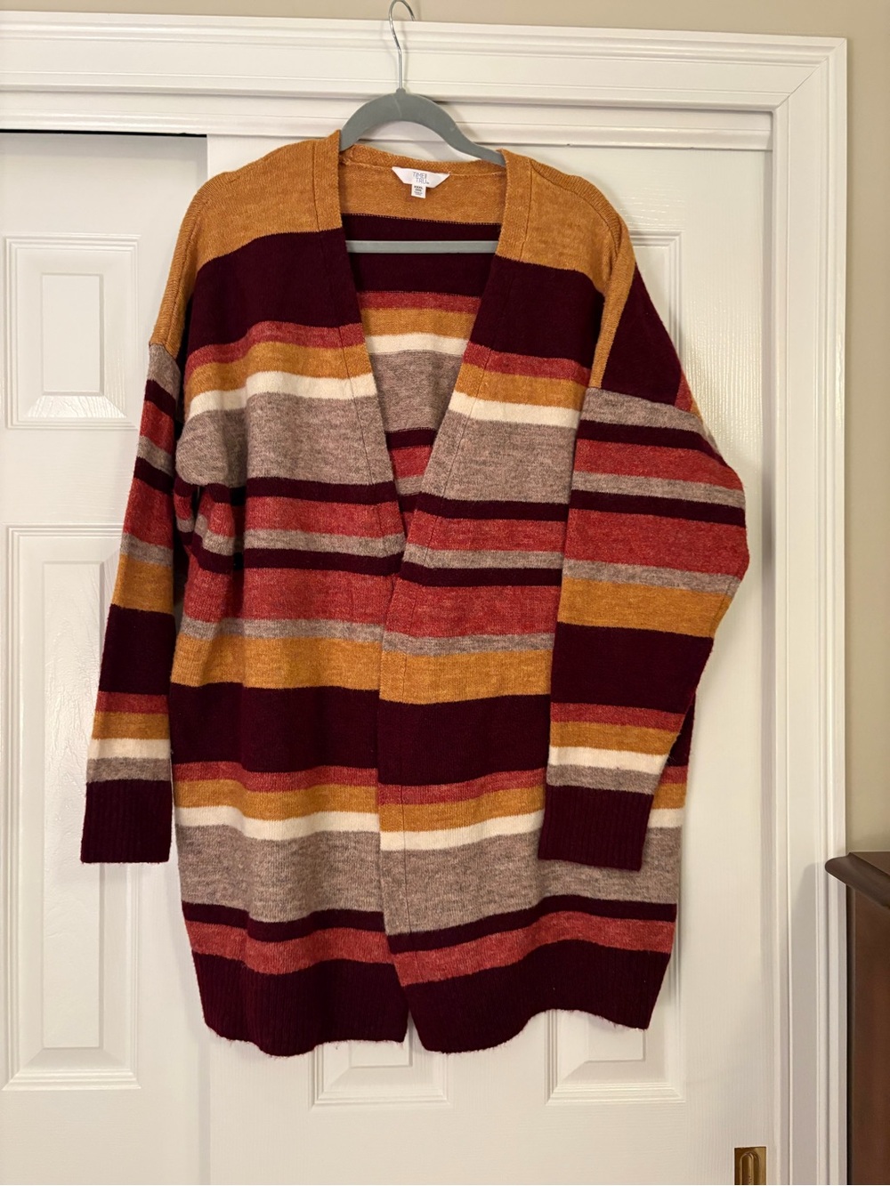 Striped Open-Front Women’s Cardigan Sweater in Burgundy, Mustard & Taupe